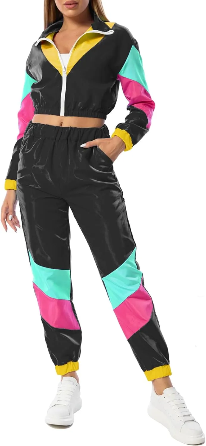 Yisfri Womens Color Block 2 Piece Windbreaker Outfits Long Sleeve Zip Front Crop Top Tracksuit Set