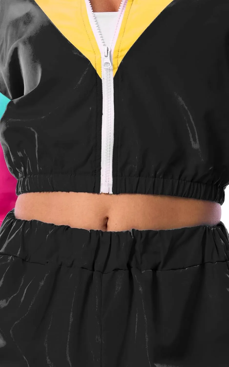 Yisfri Womens Color Block 2 Piece Windbreaker Outfits Long Sleeve Zip Front Crop Top Tracksuit Set