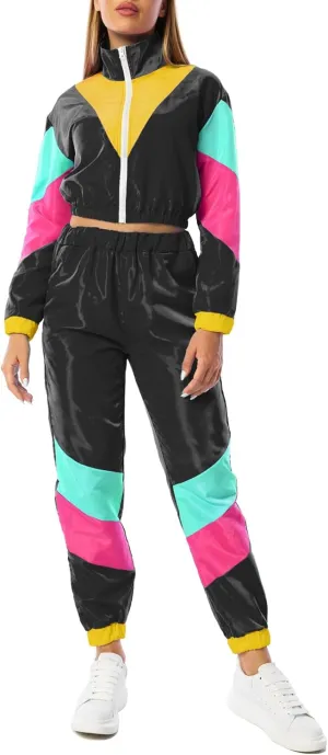 Yisfri Womens Color Block 2 Piece Windbreaker Outfits Long Sleeve Zip Front Crop Top Tracksuit Set