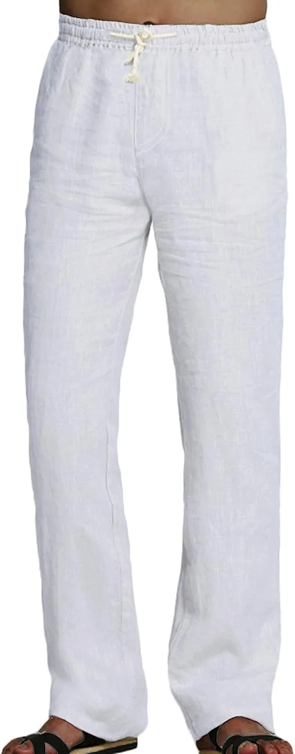 Youhan Men's Fitted Elastic Waistband Cotton Linen Pants with Drawstring
