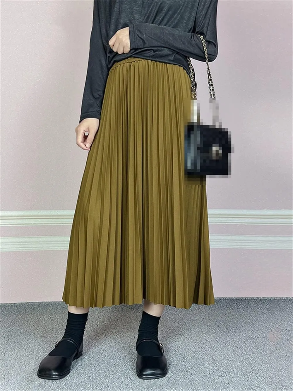 Youllyuu Long Midi Skirt for Women High Waist Pleated Autumn Spring Skirts