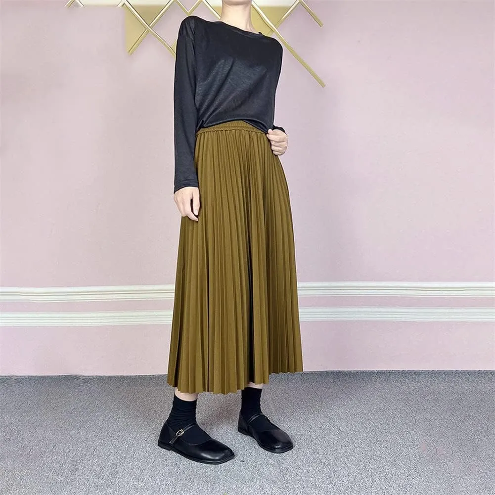 Youllyuu Long Midi Skirt for Women High Waist Pleated Autumn Spring Skirts