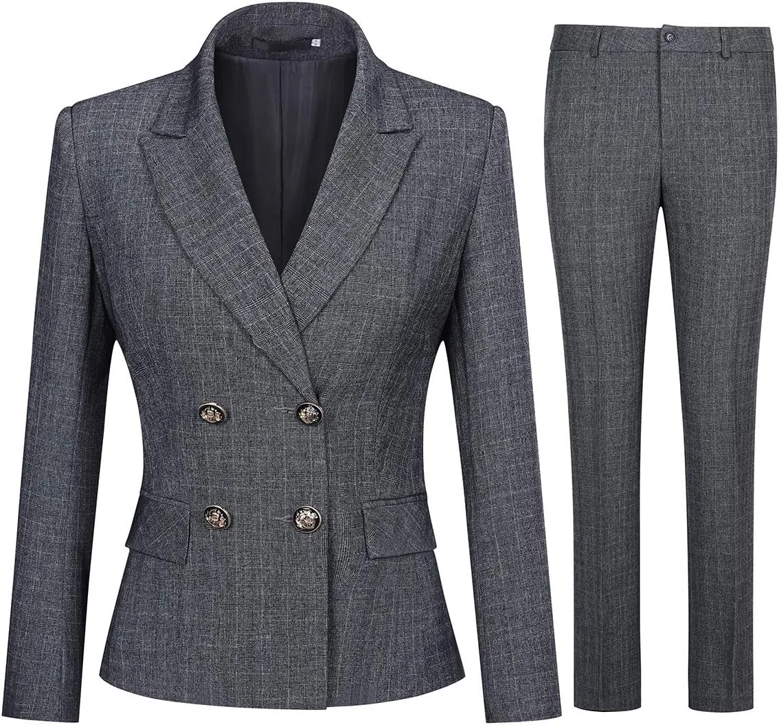 YUNCLOS Women's 2 Piece Double Breasted Suit Set Two Button Blazer and Pants