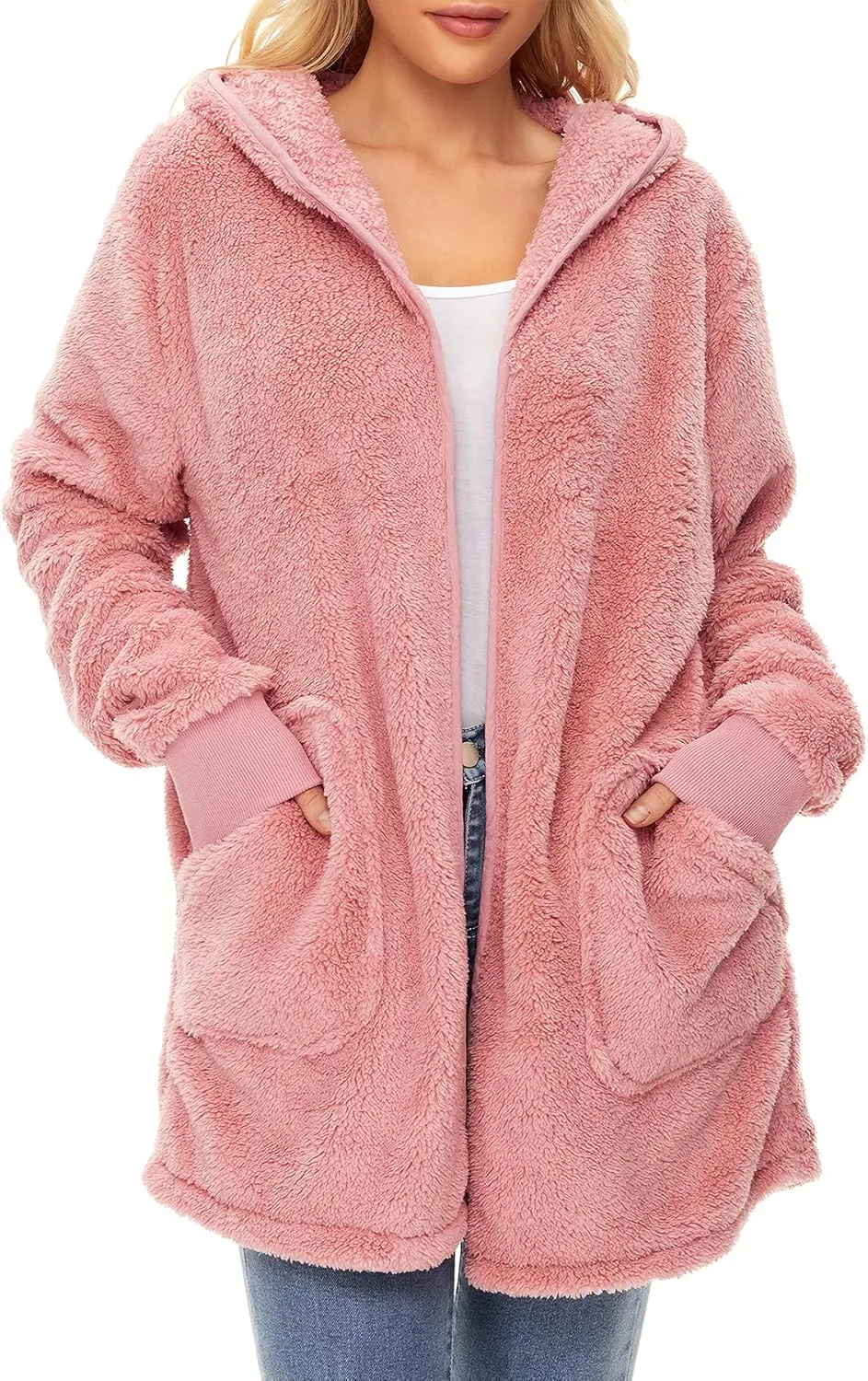 Zando Womens Fuzzy Hoodies for Women Open Front Fleece Hoodie Women Oversized Sweatshirts Loose Cute Hooded Pullover