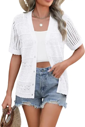 Zeagoo Women's 2025 Summer Short Sleeve Crochet Cardigan V Neck Cropped Lightweight Button up Bolero Shrug Sweater