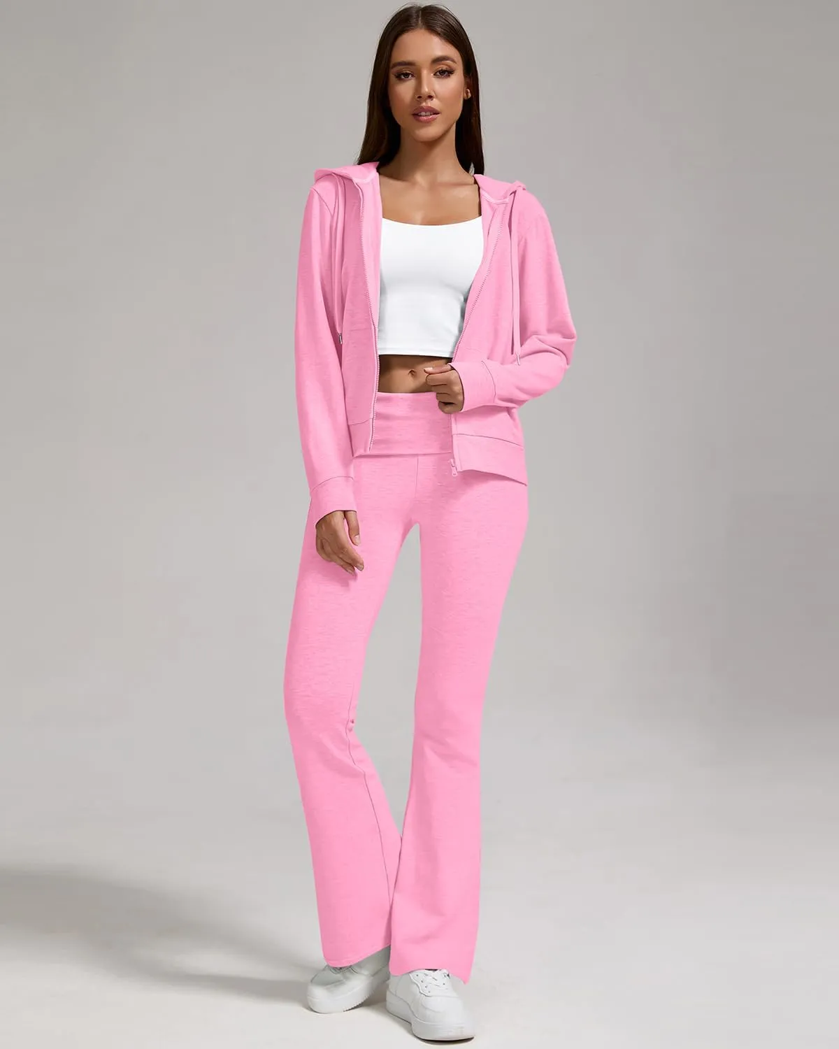 ZFLM Casual Workout Two Piece Outfits for Women Zip Up Hoodies High Waist Foldover Flare Pants Tracksuit Sets Streetwear
