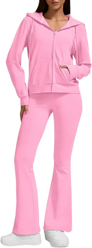 ZFLM Casual Workout Two Piece Outfits for Women Zip Up Hoodies High Waist Foldover Flare Pants Tracksuit Sets Streetwear