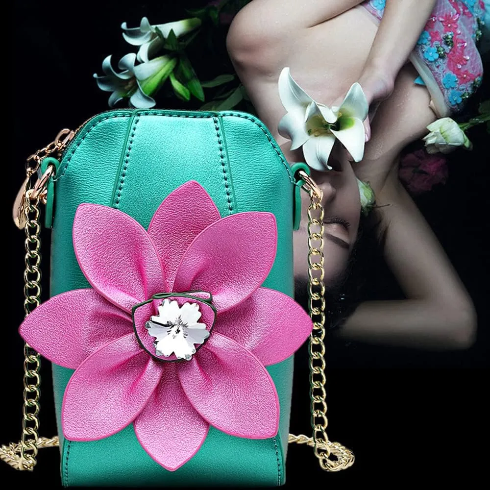 ZiMing Genuine Leather Crossbody Bags for Women Phone Bag 3D Floral Satchel Mini Handbags Purses Chain Shoulder Bag Wallet